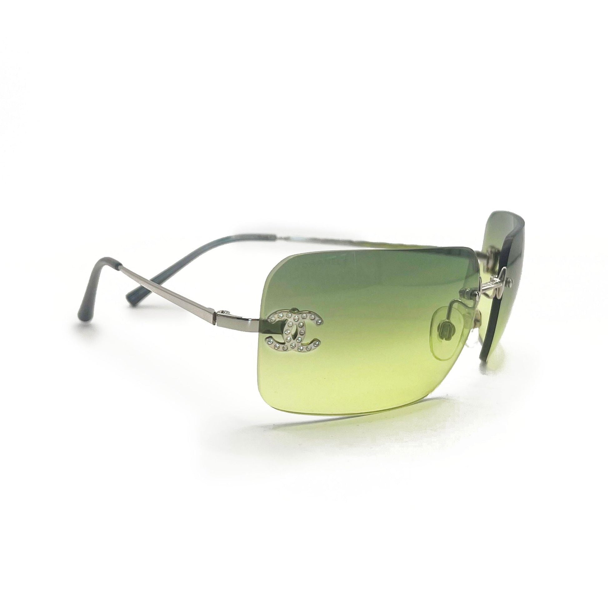 CHANEL Vintage Sunglasses Rhinestone CC Logo Rimless Gradient Green Tint - The Reluxe