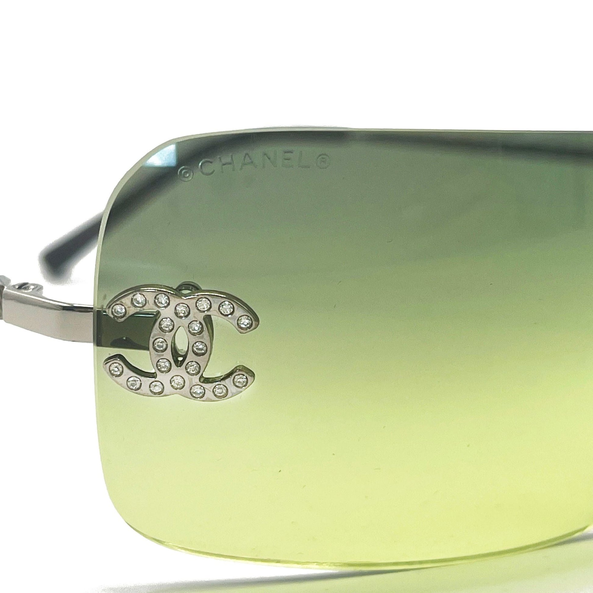 CHANEL Vintage Sunglasses Rhinestone CC Logo Rimless Gradient Green Tint - The Reluxe