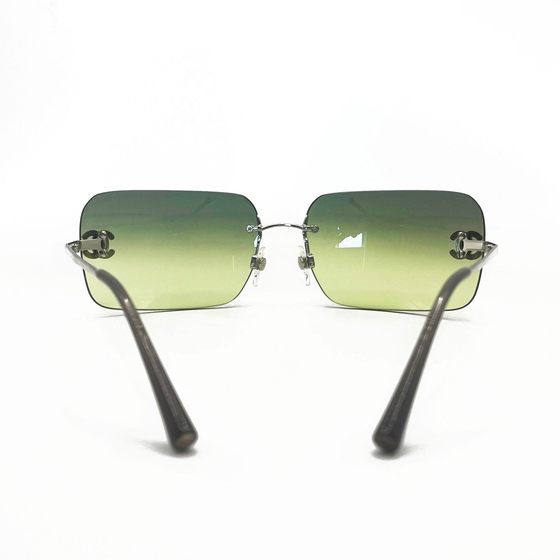 CHANEL Vintage Sunglasses Rhinestone CC Logo Rimless Gradient Green Tint - The Reluxe