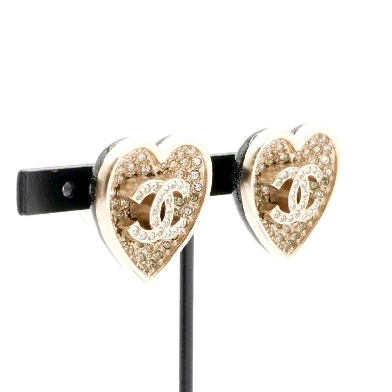 Chanel Earrings Earring Gold Black Coco Mark Rhinestone Heart
