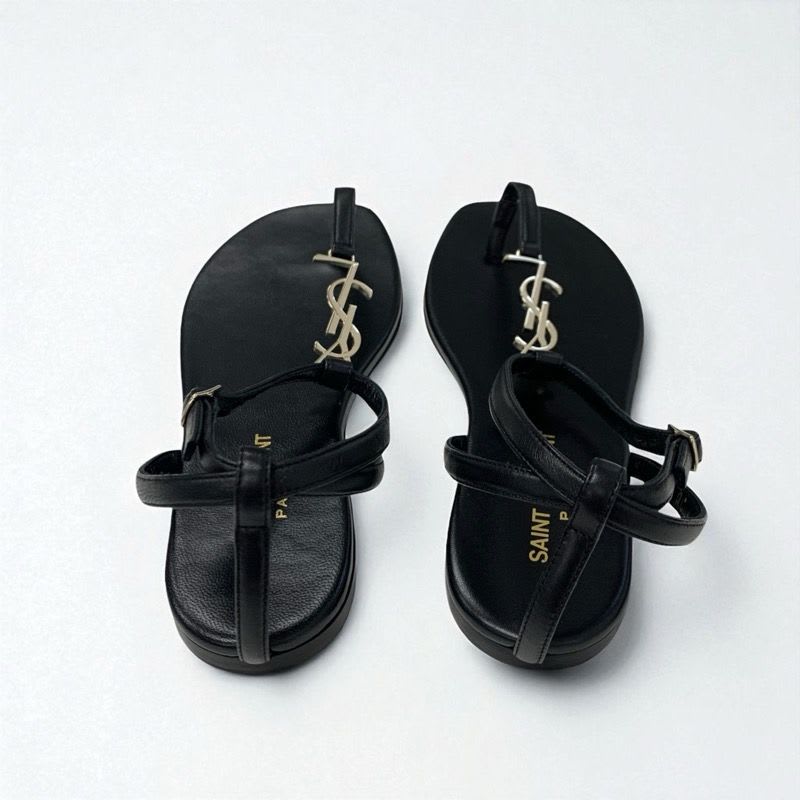 Saint Laurent Cassandra Sandals Shoes Leather Black Gold YSL Hardware Strap