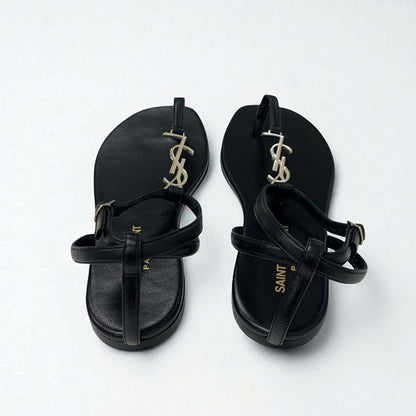 Saint Laurent Cassandra Sandals Shoes Leather Black Gold YSL Hardware Strap