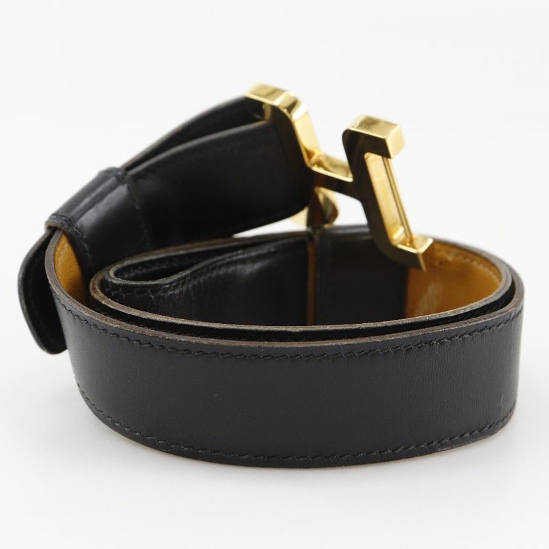 Hermes H Belt Vintage Calf And Gold Plated Black 00G Ladies Belt