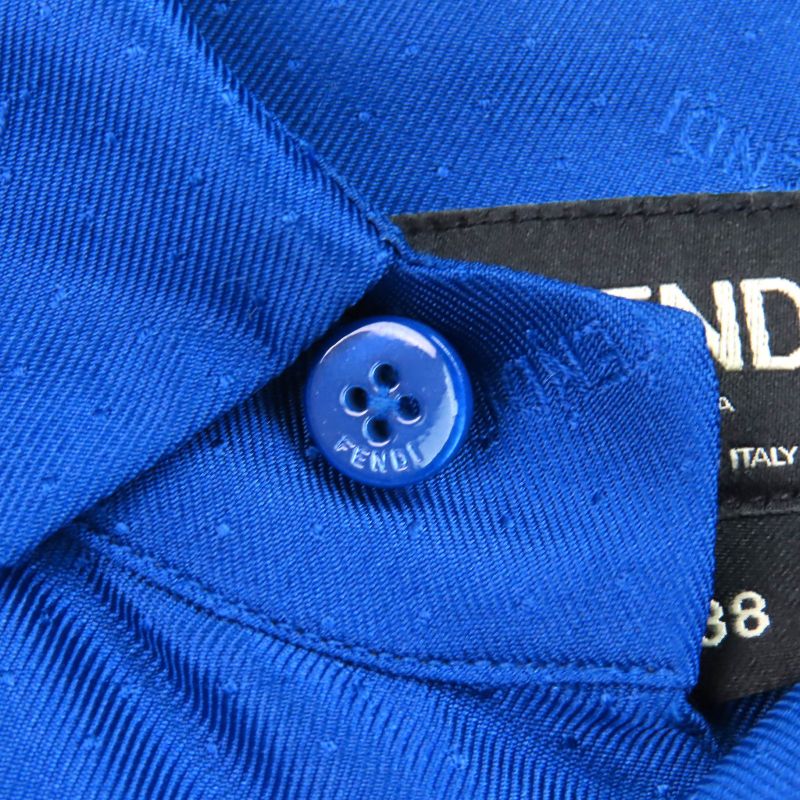 Fendi 2021 Fs0795 100% Silk FF Logo Total Logo Button Short Sleeve Shirt Blue