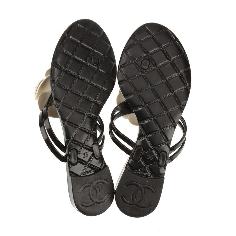 Chanel Coco Mark Camellia Rubber Sandals Women's 35 Black And White Made In