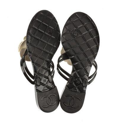 Chanel Coco Mark Camellia Rubber Sandals Women's 35 Black And White Made In