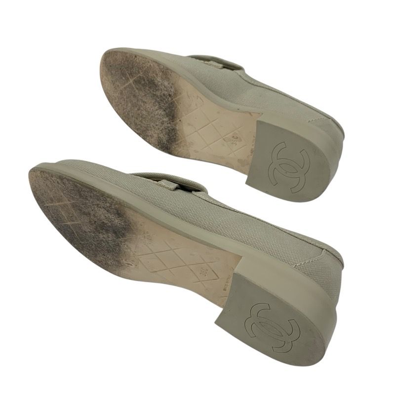 Chanel Loafers Leather Shoes Fabric Beige Here Mark Turn Lock Flat Shoes