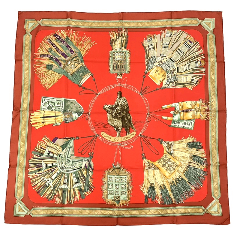 Hermes Carre 90 Hermes Cuirs DU Desert Leather Decorated Silk Scarf Red