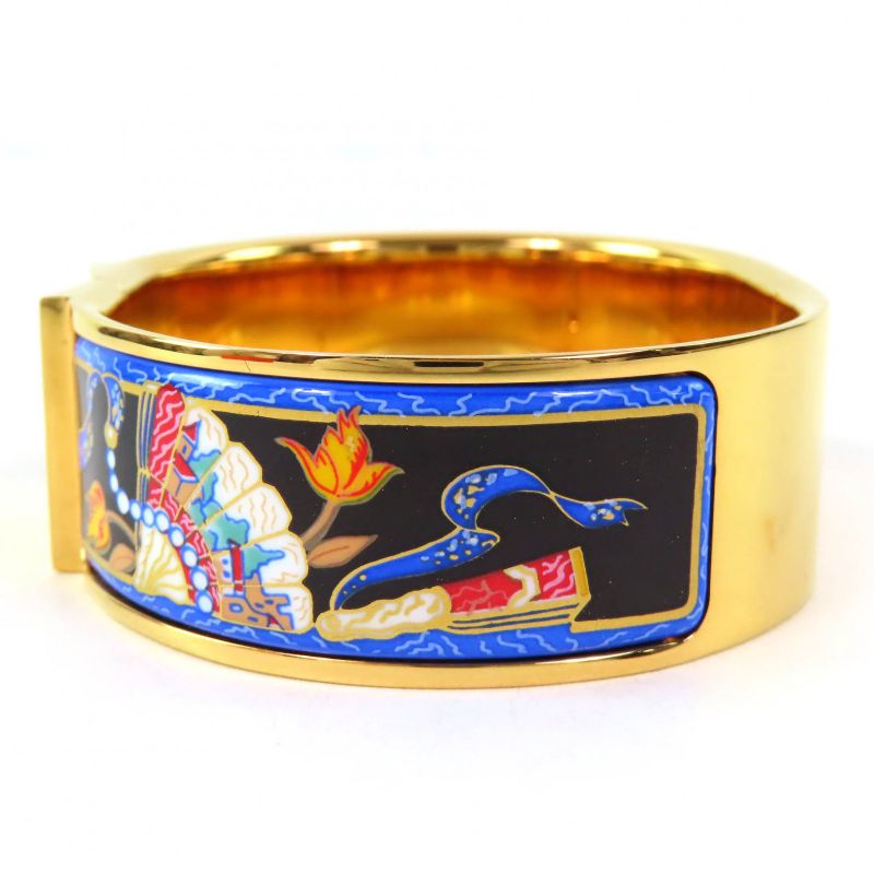 Hermes Roque Emile GM Fan Pattern Cloisonne Bangle Bracelet Accessory Gold