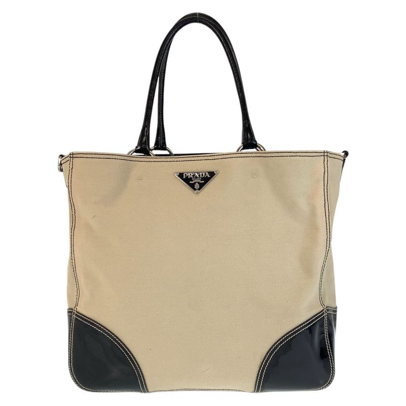 Prada Triangle Logo Plate Beige Black Silver Hardware Canvas/enamel Tote Bag