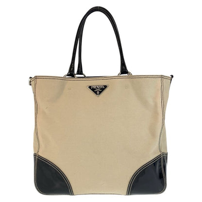 Prada Triangle Logo Plate Beige Black Silver Hardware Canvas/enamel Tote Bag