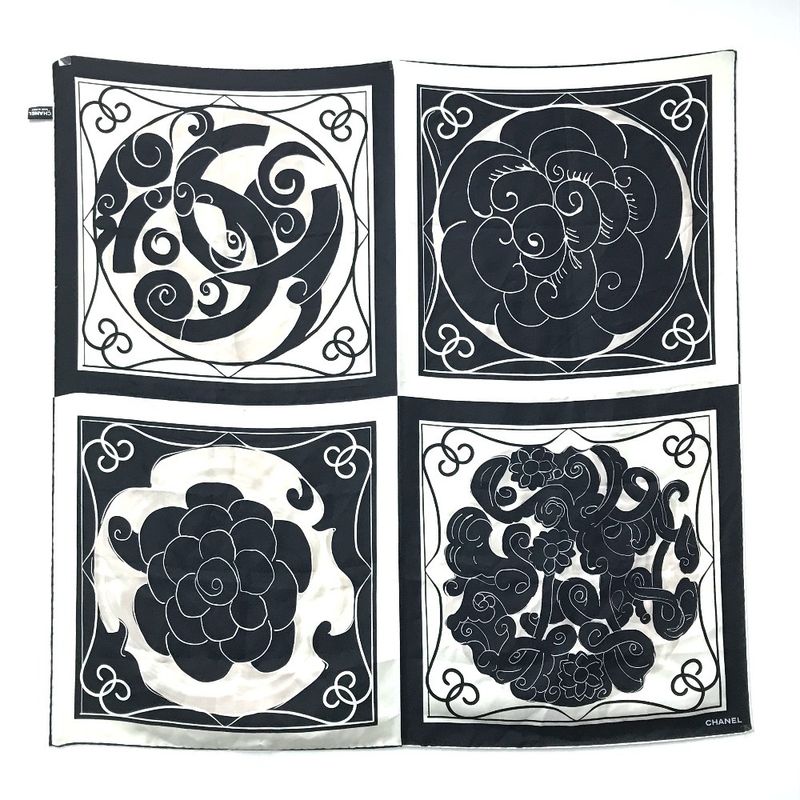 Chanel Scarf Logo Camellia Silk Black