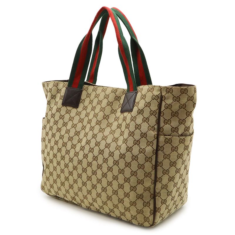 Gucci GG Canvas Sherry Line Tote Bag Large Tote Shoulder Bag Leather Khaki