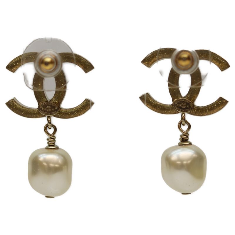 Chanel B12A GP Rhinestone Coco Pearl Swing Earrings