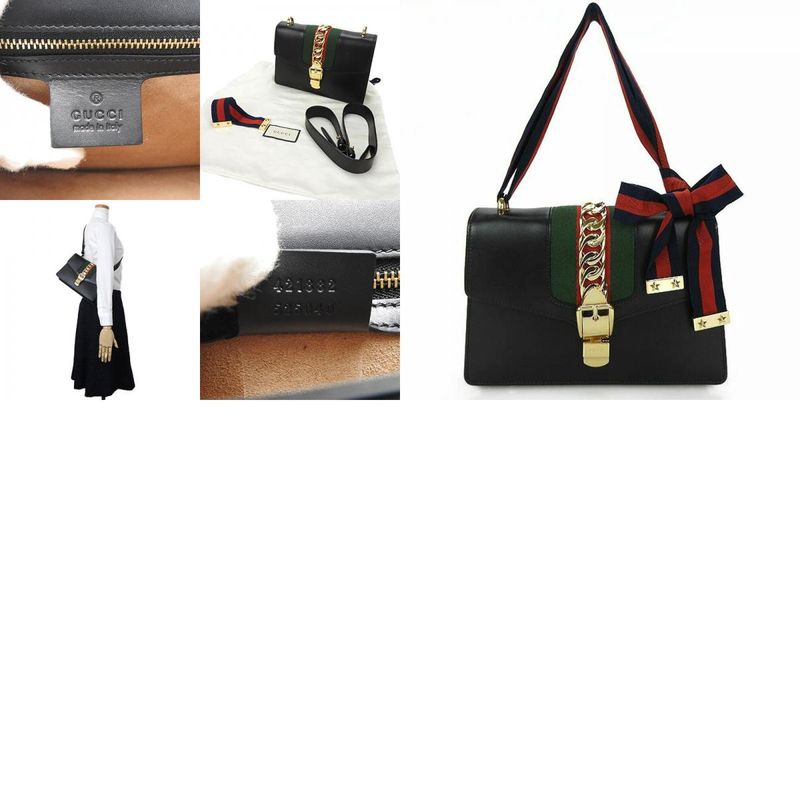 Gucci Shoulder Bag Sylvie Small 421882 Webline Leather Black Gold Hardware