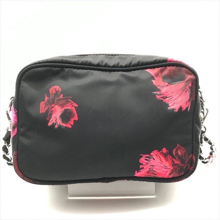 Prada Nylon Tessuto Logo Flower Floral Pattern Mini Chain Shoulder Pouch Black