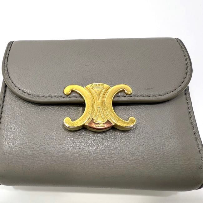 Celine Trifold Wallet Beige Triomphe Logo Leather Preowned