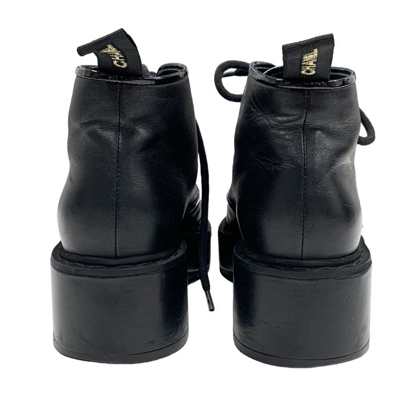 Chanel Boots Short Boots Shoes Here Mark Lace Up Pearl Leather Patent Black