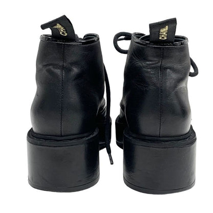 Chanel Boots Short Boots Shoes Here Mark Lace Up Pearl Leather Patent Black