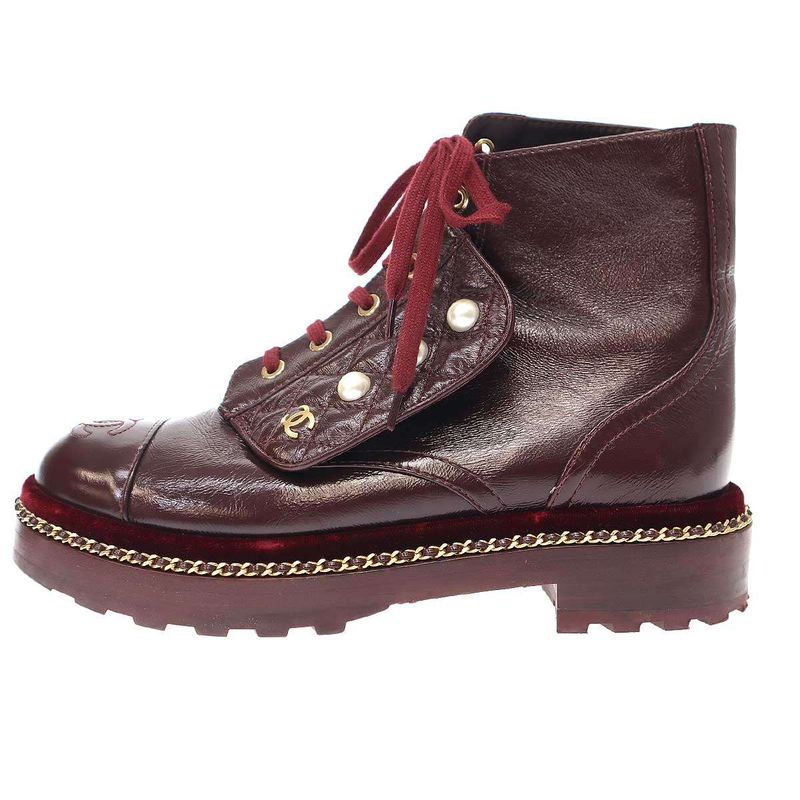 Chanel Pearl Chain Lace-Up Leather Boots G33188 Burgundy 37