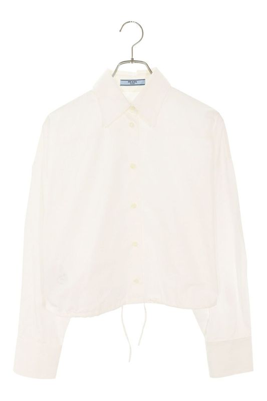 Prada P400i Triangle Patch White Poplin Long Sleeve Shirt Women's 36