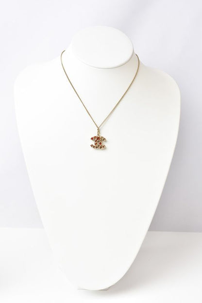 Chanel Necklace Pendant Chanel Coco Mark Rhinestone Red Vintage Gold