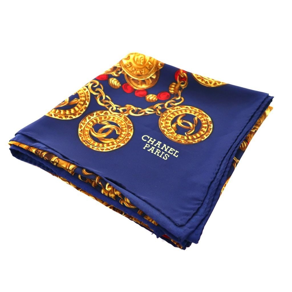 Chanel Scarf Navy Blue and Gold Silk All-Over Print Coco Mark Chain Jewelry