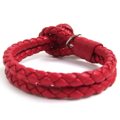 Bottega Veneta Intrecciato Leather Bracelet With Logo Charm Red Silver Hardware