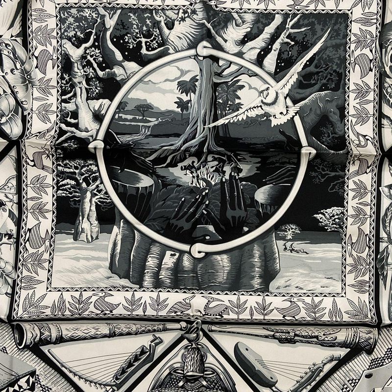 Hermes Scarf Carré 90 Ivory×black×gray Au Son Du Tam