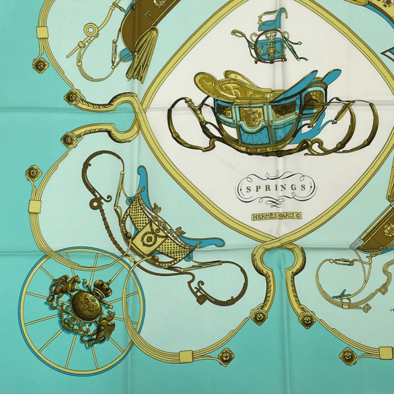 Hermes Springs Carriage Carre 90 100% Silk Scarf Green