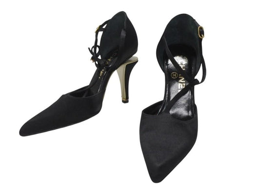Chanel Stiletto Heels CC Logo Satin Black Goal