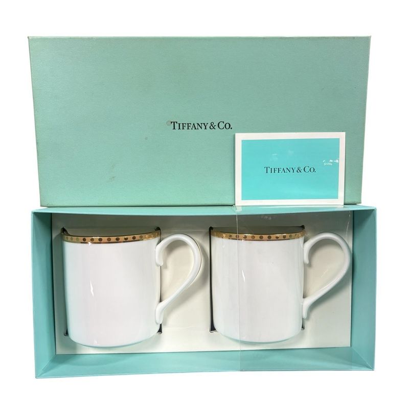 3053 Unused in Storage Tiffany & Co Tiffany & Co Gold Band Mugs Pair Set White