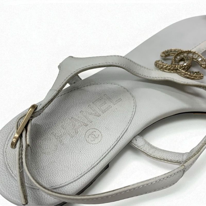 Chanel Sandals Shoes Leather White Gold Coco Mark Rhinestone Strap Thong