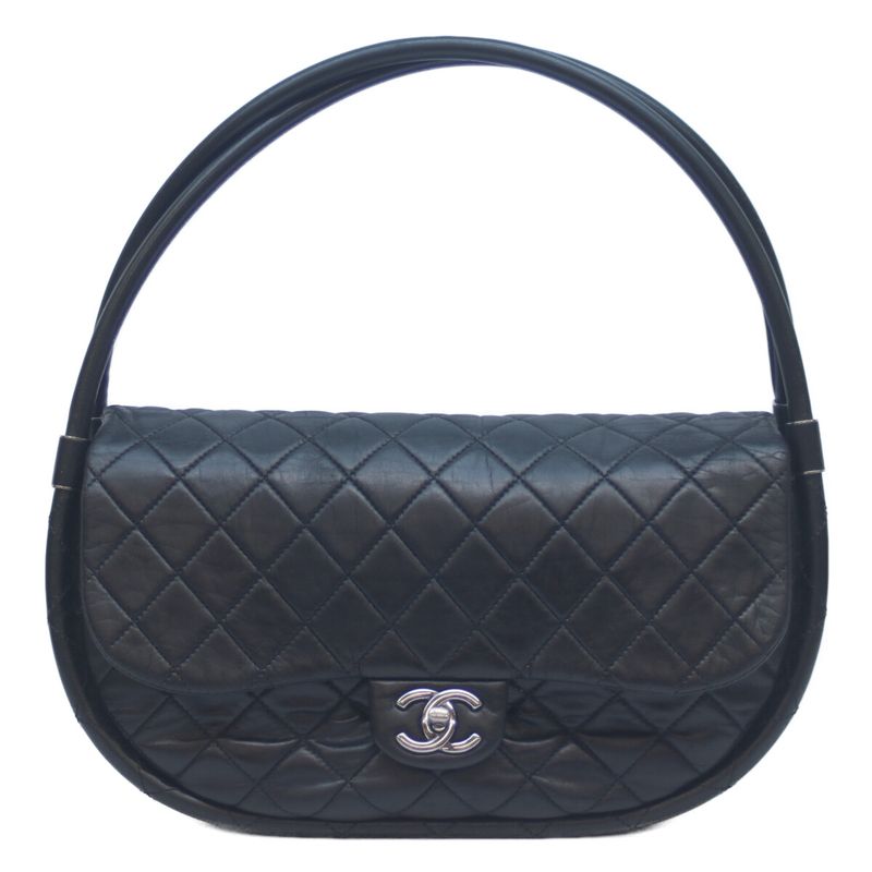 Chanel 18s Black Lambskin Flap Hoop Matelasse Shoulder Bag Handbag Silver Black