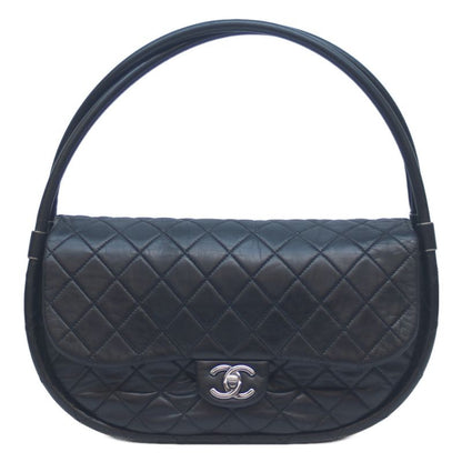 Chanel 18s Black Lambskin Flap Hoop Matelasse Shoulder Bag Handbag Silver Black