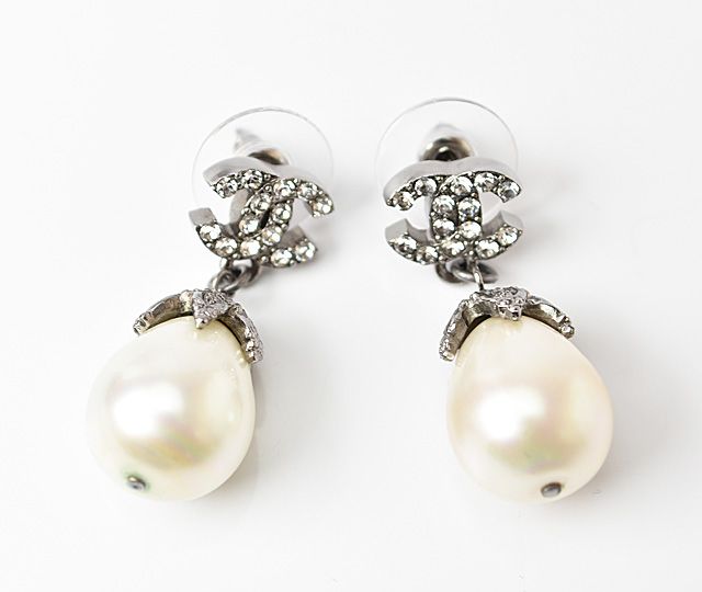Chanel Earrings Pearl Motif Coco Rhinestone Silver