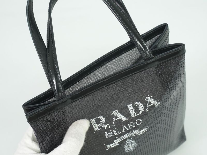 Authentic Prada Sequined Mesh Tote Handbag Black Bag Pre-owned [follow-up
