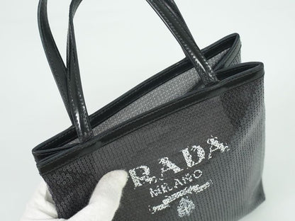 Authentic Prada Sequined Mesh Tote Handbag Black Bag Pre-owned [follow-up