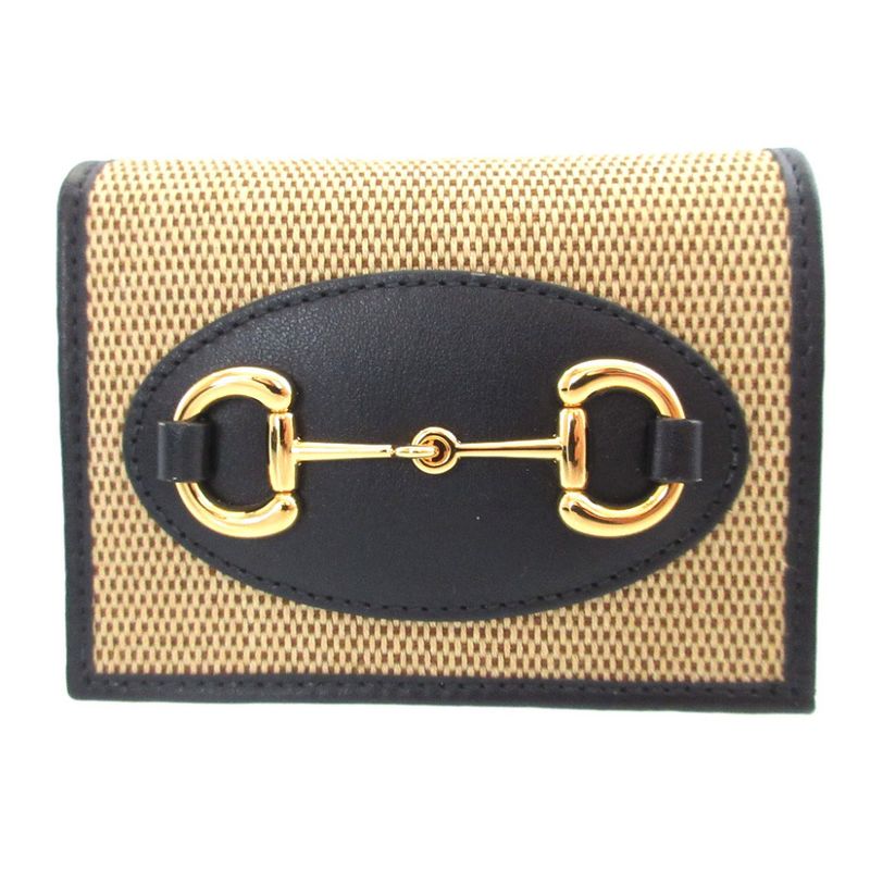 Gucci Horsebit 621887 Compact Wallet Canvas Leather Beige Navy Blue Bifold