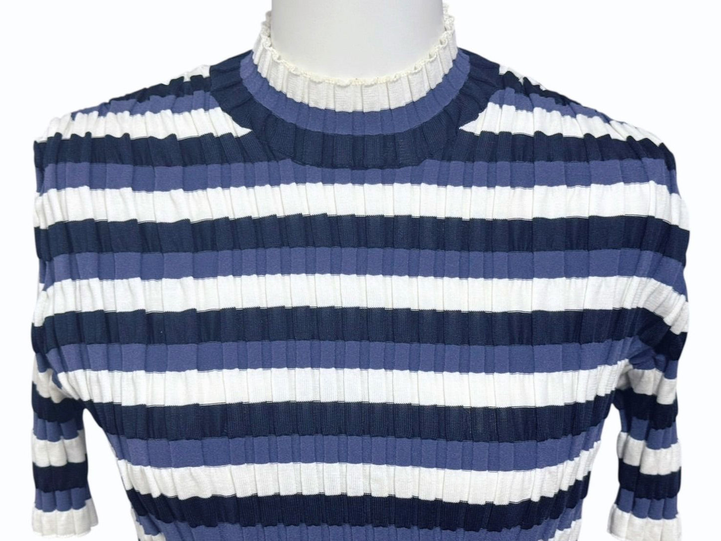 Louis Vuitton Border Rib Knit Short Sleeve Top Blue White Sweater — view 2