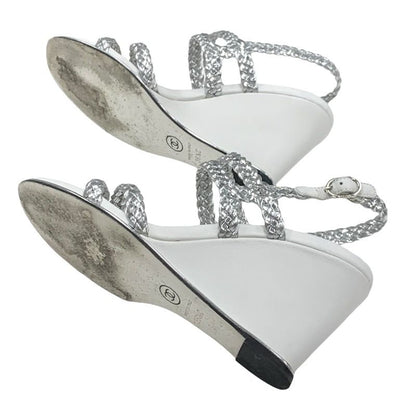 Chanel Sandals Shoes Leather Silver White Coco Mark Strap Wedge Sole