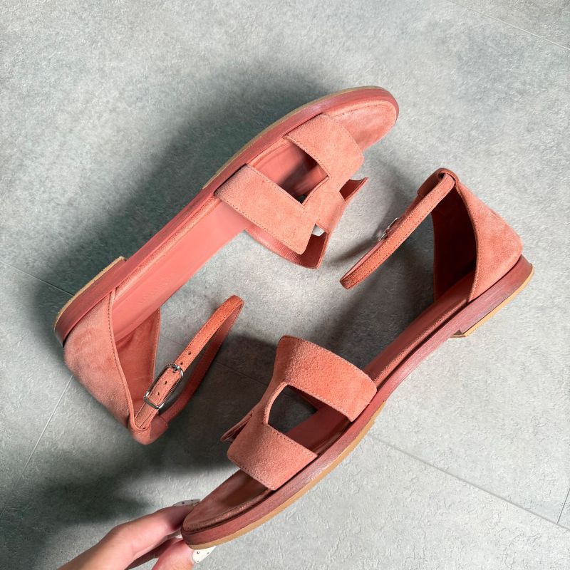 Hermes Santoni Strap Sandals Flat Shoes Coral Orange Suedeleather 38 25cm