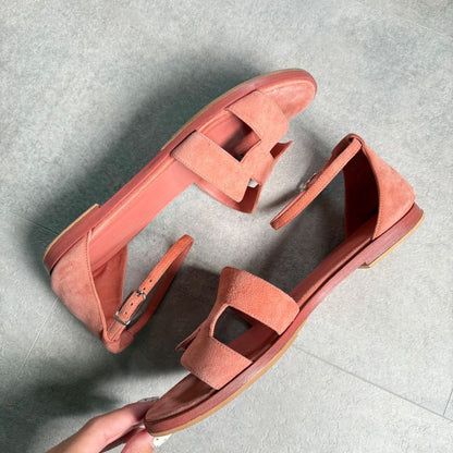 Hermes Santoni Strap Sandals Flat Shoes Coral Orange Suedeleather 38 25cm