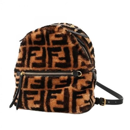 Fendi Backpack Daypack Zucca Fur Brown Black Gold Hardware Women's