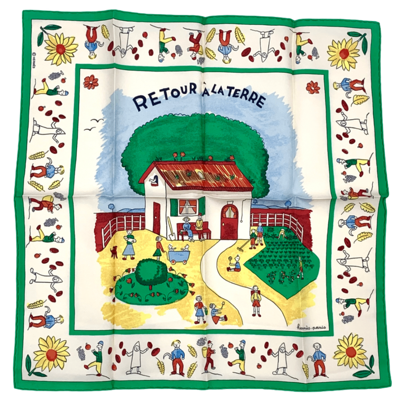 Hermes RE TOUR A LA Terre Back Home 100% Silk Scarf Green With Bag