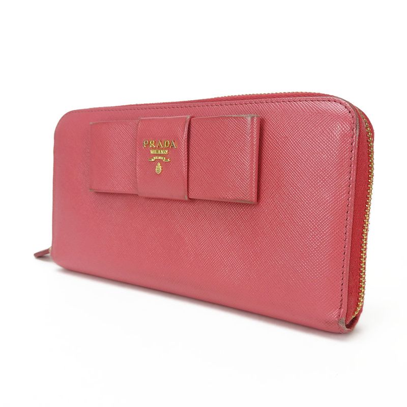 Prada Long Wallet Saffiano Pink Peonia Gold Hardware Round Zipper Ribbon Ladies