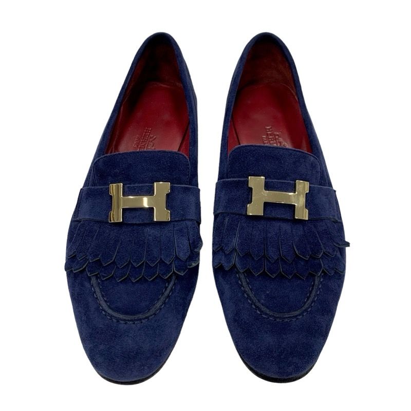 Hermes Royale Loafer Leather Shoes Suede Navy Gold Moccasin Flat Shoes Hhardware