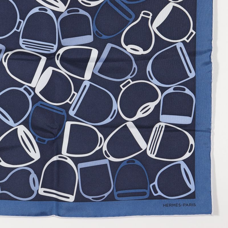 Hermes Pochette A Voût Etrier Silk Navy Blue Unisex Scarf