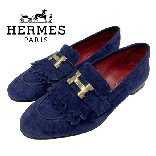 Hermes Royale Loafer Leather Shoes Suede Navy Gold Moccasin Flat Shoes Hhardware