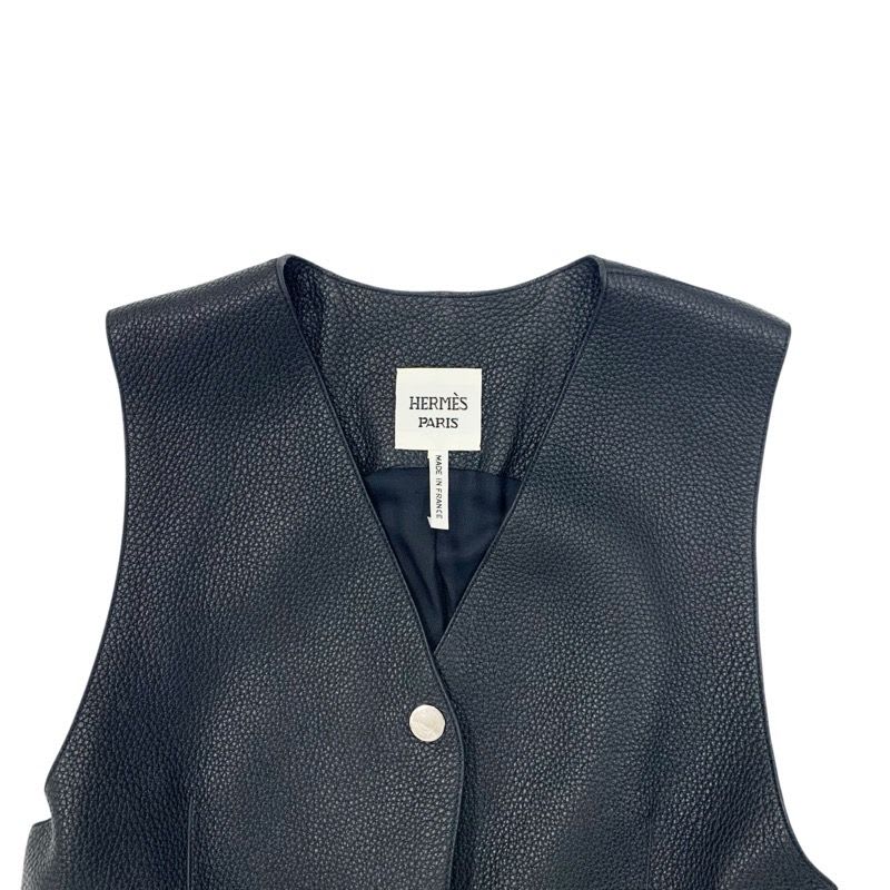 Hermes Outerwear Deerskin Black Long Vest Gilet Serie Button